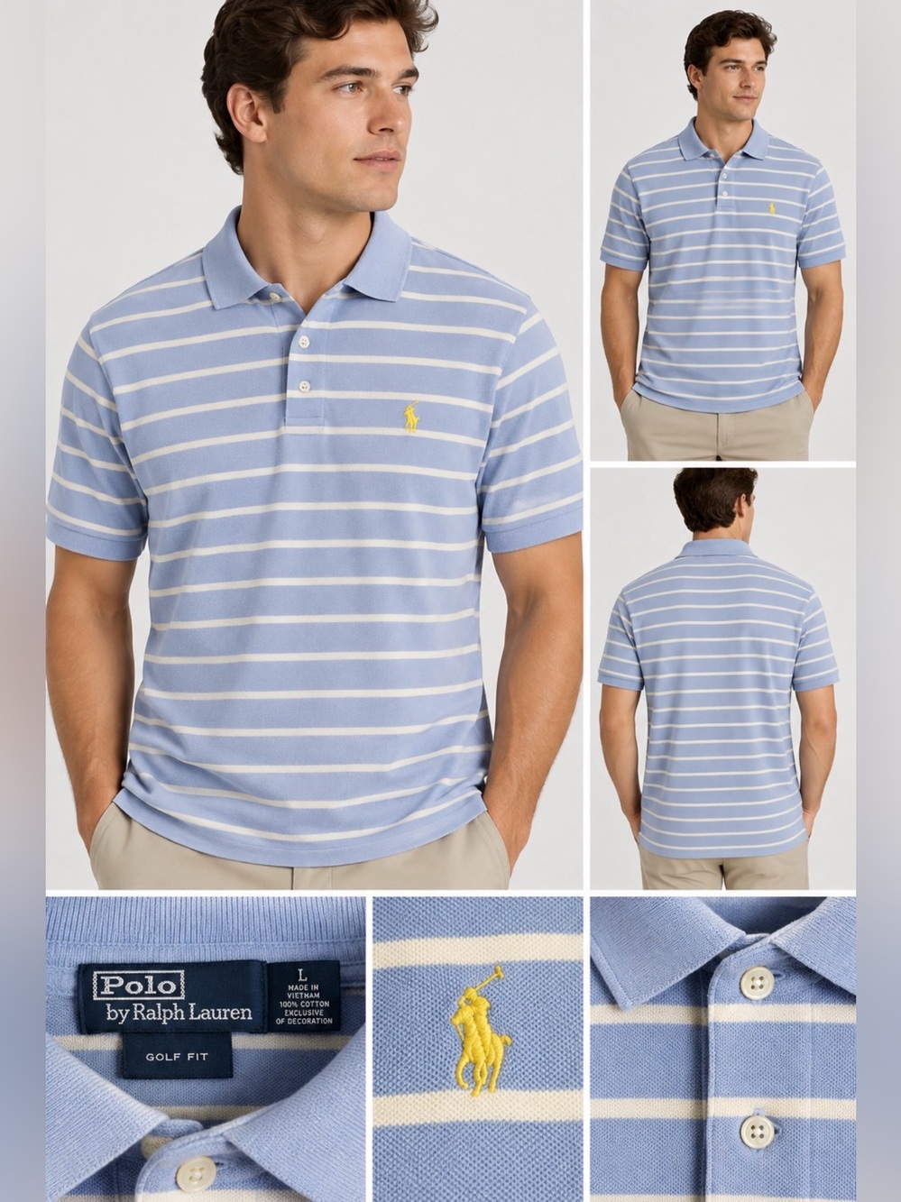 Ralph Lauren Light Blue and White Striped Polo with Yellow Pony